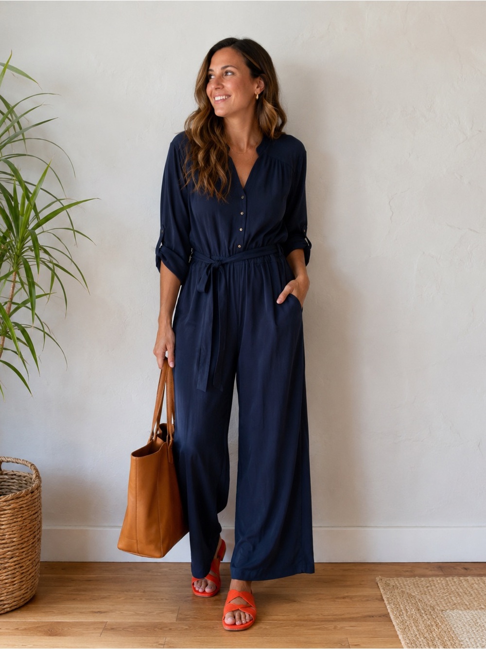 41 Hawthorn Women Elastic Waist Belted Button Front Wide Leg Jumpsuit SZ XL Navy - Picture 1 of 11